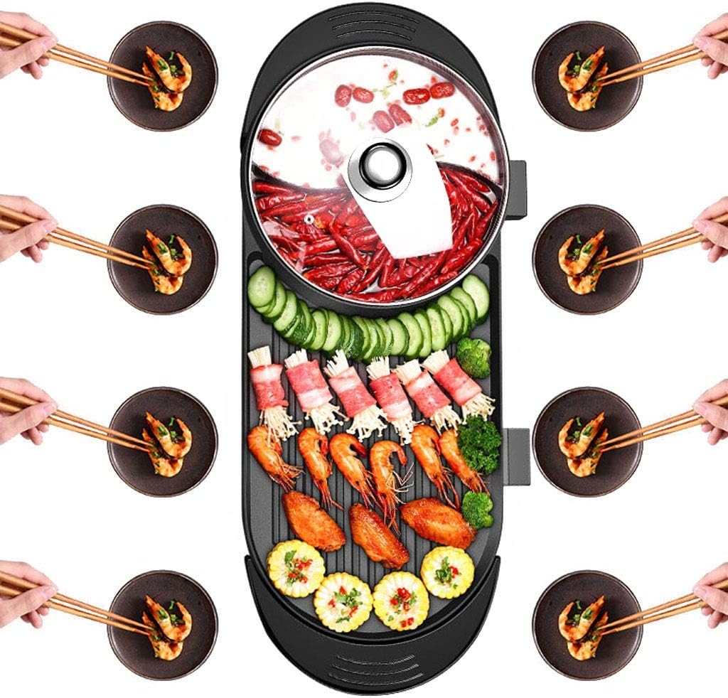 review Portable Electric Grill, Electric Barbecue Grill Indoor Hot Pot Chafing Dish, Large Capacity Household Multifunctional Non-Stick Pan Electric Cooker with 5 Temperature adjustments