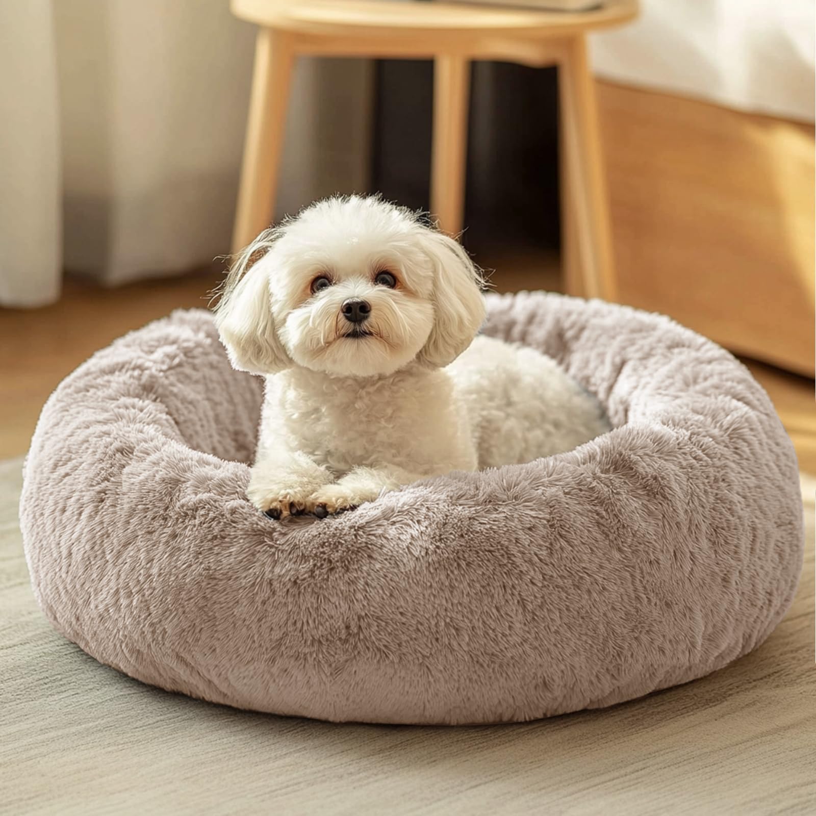 JOLLYVOGUE Dog & Cat Bed, Calming Anti-Anxiety Pet Bed for Small Dogs, Fluffy Donut Cushion for Small and Medium Pets (23") Image