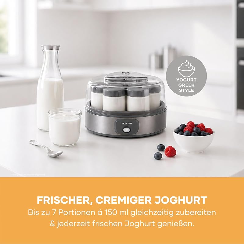 Joghurtbereiter, griechischer Art, inkl. 7 Joghurtgläser á 150ml für 1L selbstgemachten Joghurt, transparenter Deckel, Joghurt-Maschine für zuhause, Kippschalter, 18W, dark inox, JG 3510