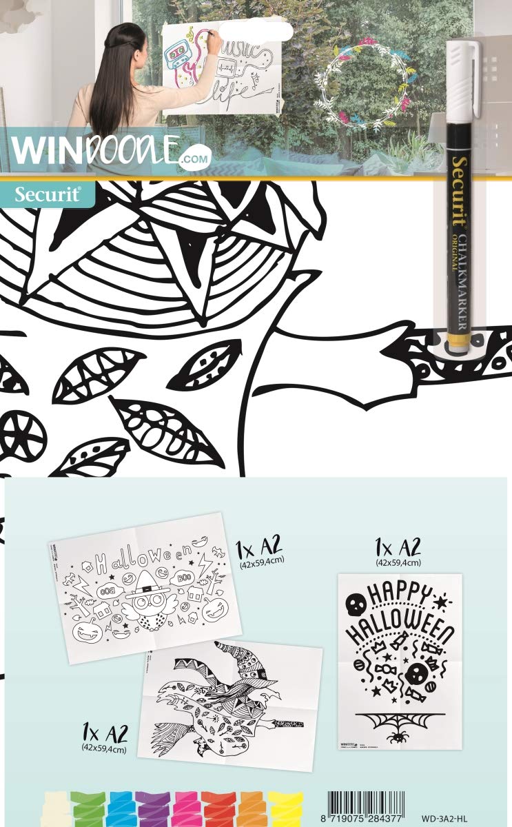 SECURIT Window Stencils, Including Chalkmarker-A2-Set of 3-Halloween Theme, PAPER, White, 59.4 x 42 x 0.5 cm