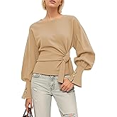 somzop Women’s Twist Knot Sweatshirt Balloon Sleeve Side Tie Front Pullover Crew Neck Long Sleeve Loose Fit Tops Fall Clothes