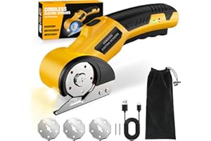 Zeleki Cordless Electric Scissors: 4V Rechargeable Cardboard Cutter, 3 Blades, Safety Lock & LED Light, Box Cutter for Carton Carpet Plastic Fabric Leather(Yellow）