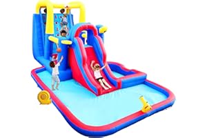 WELLFUNTIME Inflatable Jumping Castle with Large Climbing Wall, 267 x 138 x 118 Inch Bounce House with Air Blower, Dual Target and Basketball Rock