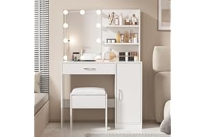 VABCHES Makeup Vanity with Lights, Vanity Desk with Mirror and Lights Set, Large Drawer and Two-Tier Lots Storage Cabinet Dresser, 3 Lighting Modes Adjustable Brightness, Makeup Table for Bedroom, White