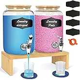 2PCS 1Gallon Glass Laundry Detergent Dispenser Set with Bamboo Lids and Stand - Liquid Soap and Fabric Softener Dispensers wi