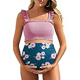 Summer Mae Maternity High Waist Bikini Swimsuit Two Piece Ruffled Hem Cute Bathing Suit Floral Pregnancy Swimwear