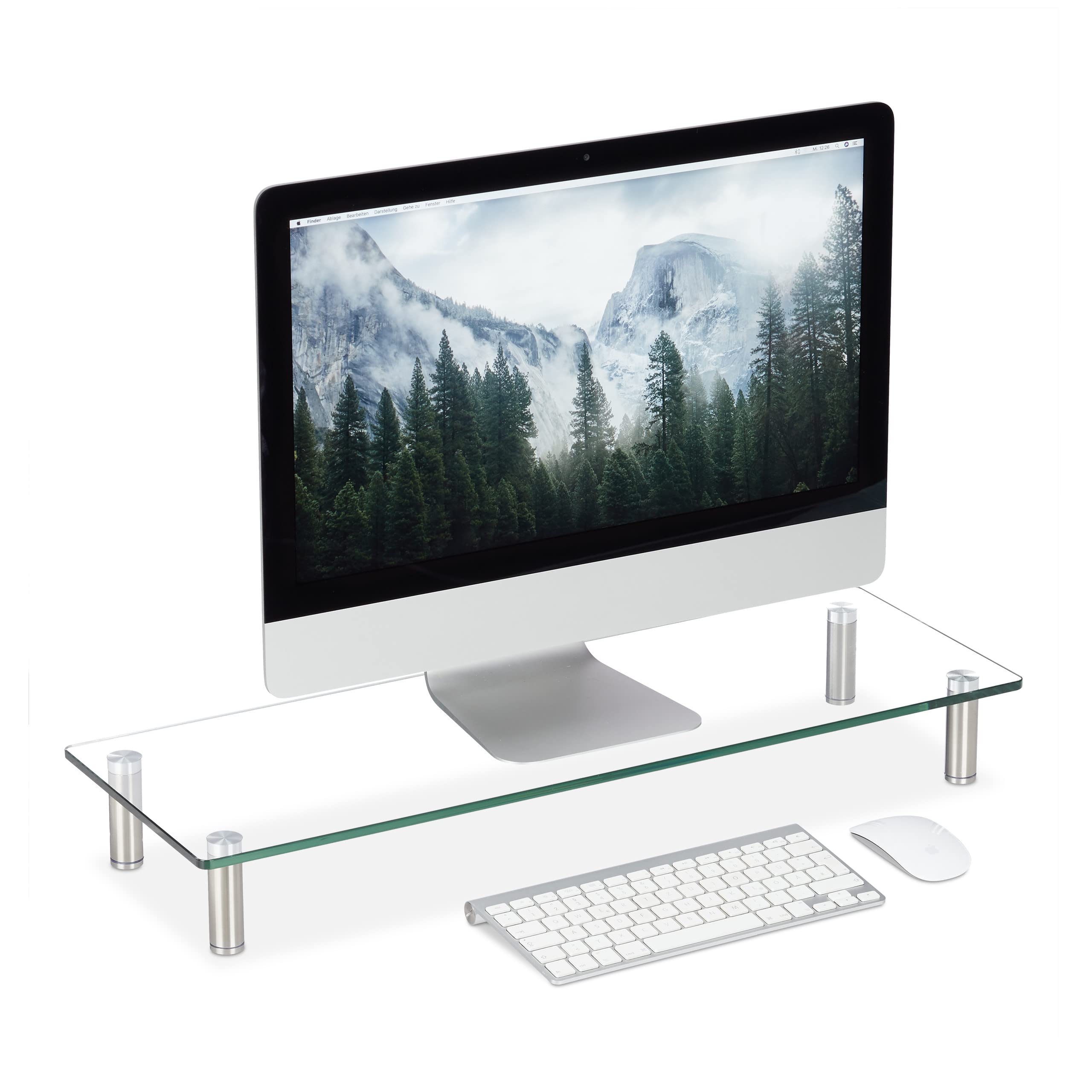 Relaxdays Glass Display Stand, TV Pedestal, Notebook Riser, Height-Adjustable 9-11 cm, W x D: 70 x 24 cm, Clear, Stainless Steel, Aluminum, Pack of 1