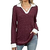 BAISHENGGT Women's Contrast Collared Shirts Casual Long Sleeve Ribbed Fall Tops Lightweight Tunic Sweaters