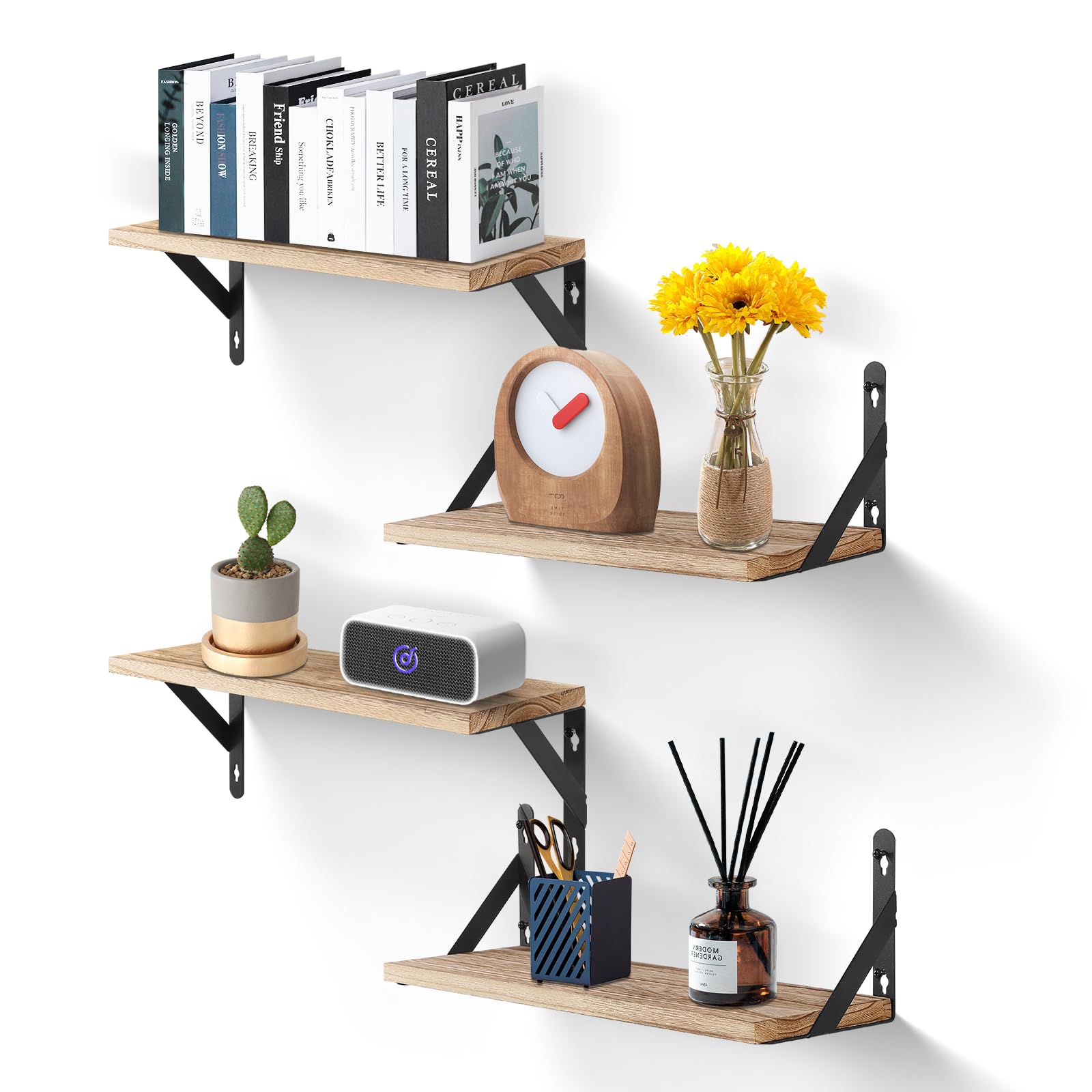 Uten Floating Shelves Set of 4 Wall Mounted Shelf, Light Brown Solid Wood Wall Shelves, Wooden Shelves Set with Spirit Level for Kitchen, Bedroom, Bathroom, Living Room, Office