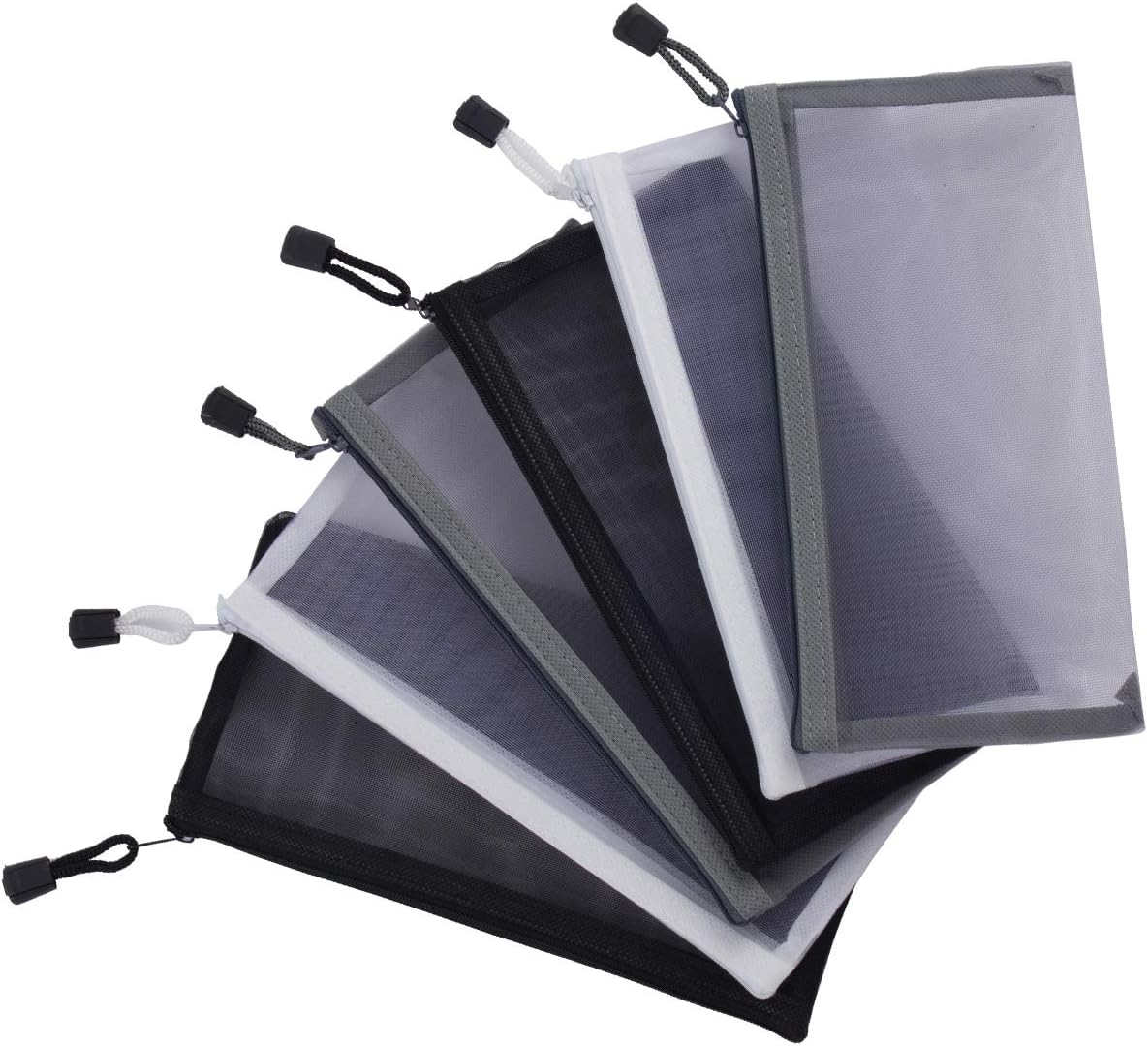 Apipi 6 Pcs in 3 Color Nylon Zipper Mesh Pouch- Portable Mesh Pencil Pouch Pen Bag Multipurpose Travel Bags for Cosmetics Makeup Office Supplies Travel Accessories (Black, White, Grey)
