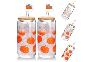 ANOTION Fall Glass Cups - Color Changing Cups with Lids and Straws Unique Autumn Decor & Iced Coffee Cup Fall Decor Pumpkin Mug with Pumpkin Decor Thanksgiving Fall Wedding Tumbler Fall Mugs, 2 Packs