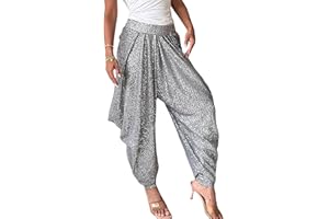 BOLLEY JOSS Women's Sequins Lantern Tapered Harem Pants Bling Trousers Baggy Slacks Sparkle Dance Palazzo Hippie Pants