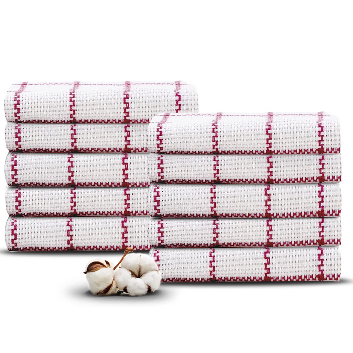 VL Linen Tea Towels Set of 10 – 100% Cotton Tea Towels for Kitchen, Lint Free Glass Dish Cloths, Wonder Dry Dish Towels with Hanging Loop, Extra Large Kitchen Towels (70x70cm, Red)