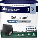 NorthShore GoSupreme 8-Hour Overnight Underwear, Black, Medium, 14 Count | Pull-Up Style Incontinence Underwear for Men, Women &amp; Teens, Overnight Heavy Bladder Leaks (HBL), Fits Waists 30-40 inches