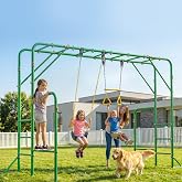Outdoor Monkey Bars for Kids, Metal Swing Set with Belt Swing,Trapeze Bar | Heavy Duty Monkey Bar Kit,Free-Standing Playset with Climbing Frame and Gymnastics Bar, Jungle Gym for Playground, Green