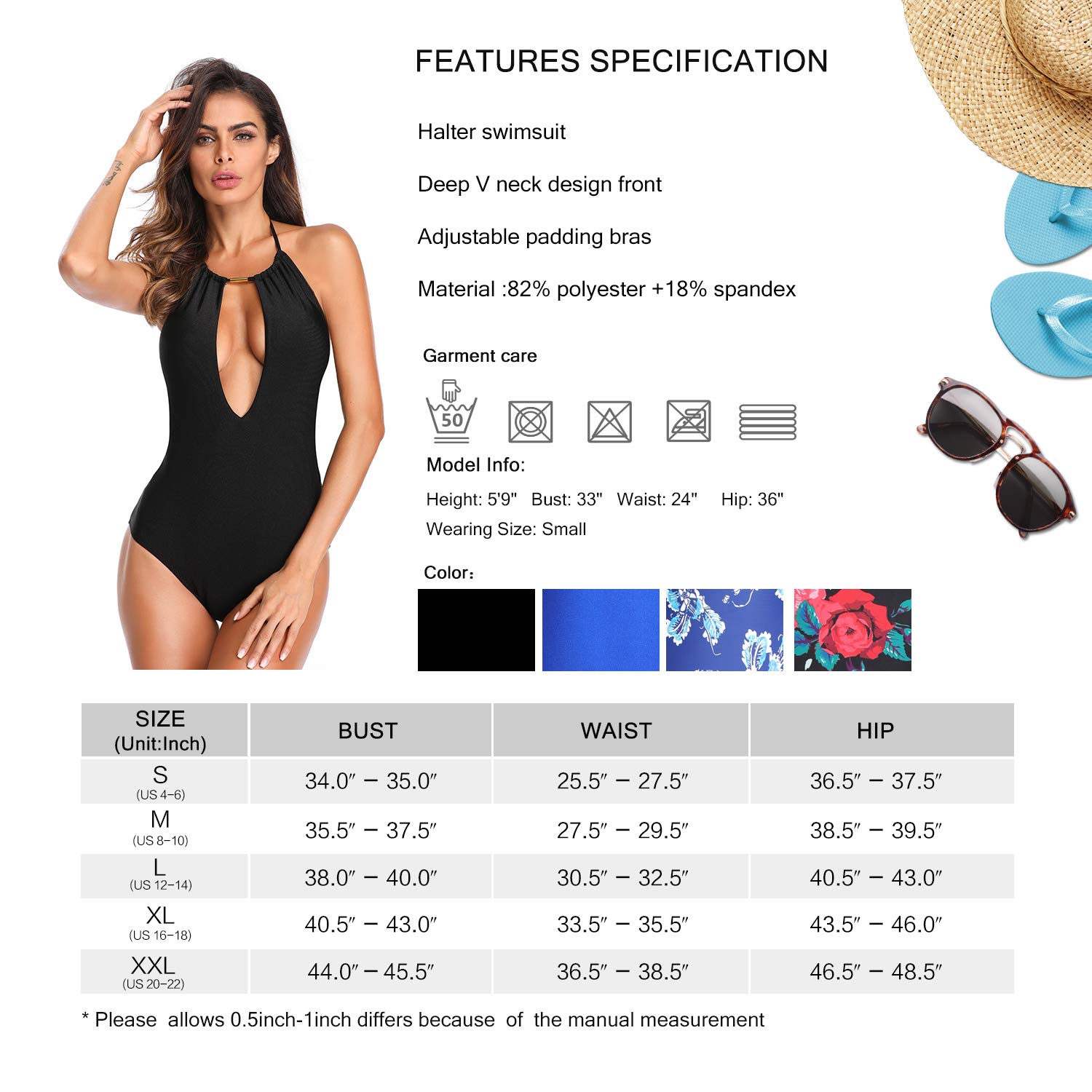 MarinaVida Women One Piece Swimsuit Halter Deep V Neck Bathing Suit