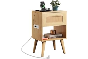 WLIVE Rattan Nightstand with Charging Station, Boho Night Stand, Small Bedroom Side Table, End Table with Drawer and Storage, Wood Bedside Tables for Bedroom, Small Spaces, Natural Oak