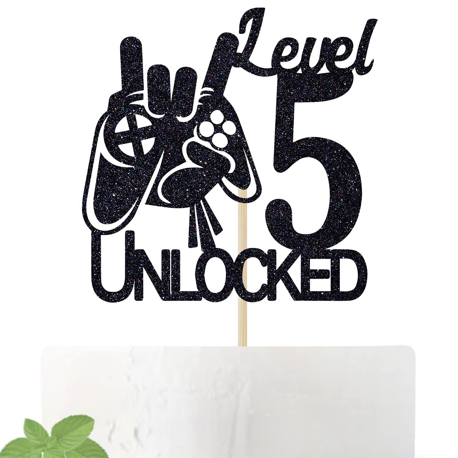 Photo 1 of Cos mos Black Glitter Level 5 Unlocked Game Birthday Cake Topper - Boy 5th Birthday Cake Decorations - Sweet 5 - Video Game Theme Cake Topper - Level Up Winner Party Decoration Supplies
