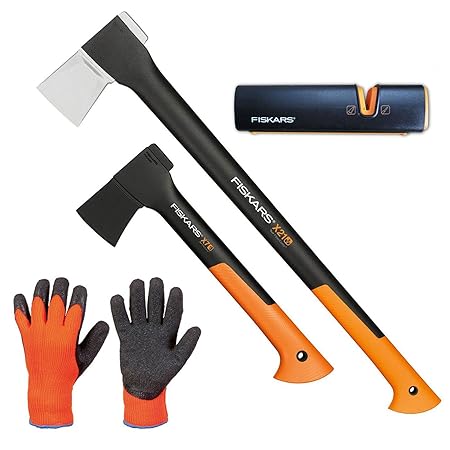 FISKARS© Set Spaltaxt X21 - L + Universalaxt X7 - XS + Xsharp Axt- und Messerschärfer + Handschuhe