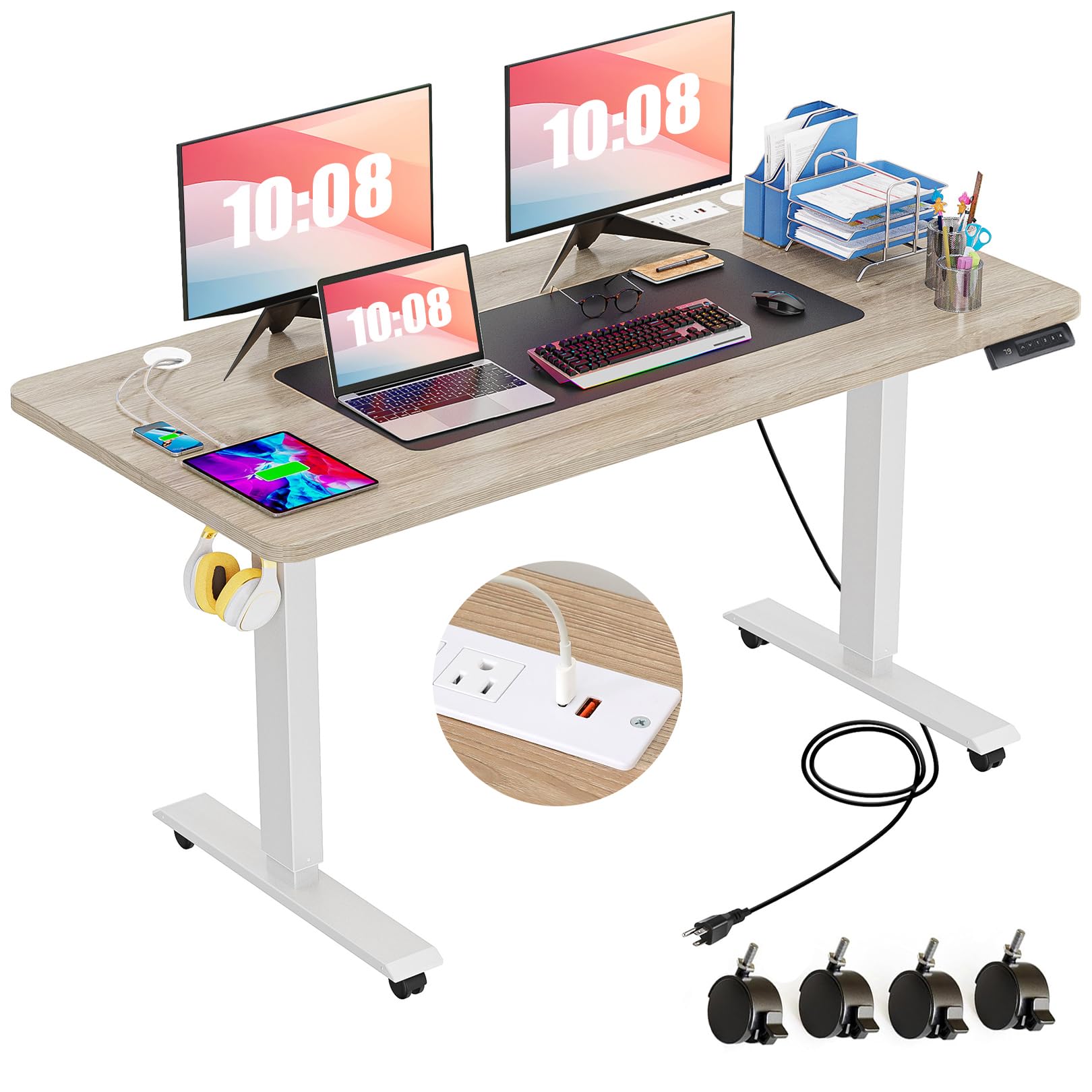 Electric Standing Desk 55 x 24In with Charging Station, Adjustable Height Desk with Oversized Mouse Pad, 2 USB Ports & 3 Power Outlets, 4 Caster, 4 Preset Heights, 27''-45'' Lifting Range
