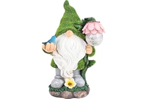 Ovewios Garden Gnome Statue - Funny Gnome Decoration Hold Flower with Solar Crackle Glass Globe Lights, Resin Gnome Figurine Ornament for Patio Yard Lawn Porch Outdoor Decor