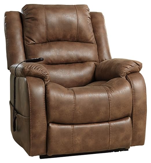 Ashley Furniture Signature Design Yandel Power Lift Recliner Contemporary Reclining Faux Leather Upholstery Saddle