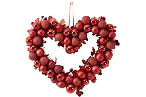 CHRISXIAO Valentine's Day Front Door Wreath red Heart Decor,Artificial 16”Christmas Holiday Outdoor Indoor Window Wreaths with Frosted Ball Party Decorations