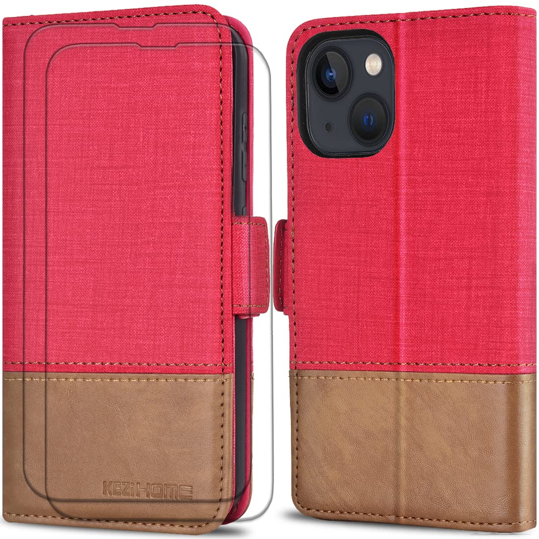 KEZiHOME Wallet Case for iPhone 13, PU Leather Case [Tempered Glass Screen Protector * 2][Magnetic Closure][RFID Blocking][TPU Shockproof][Kickstand] Flip Cover for iPhone 13 5G (6.1) (Red/Brown) — image 1