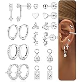 Florideco Hypoallergenic Earrings for Women Surgical Stainless Steel Flat Back Earrings 14K Gold Plated Small Stud Hoop Earring Stacks with CZ Charm Cartilage Earring Set for Multiple Piercing Jewelry