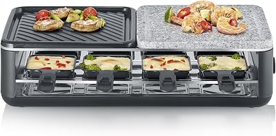 Raclette-Grill für 8 Personen, Naturgrillstein & antihaftbeschichtete-Grillplatte, Tischgrill mit extra tiefen Pfännchen, spülmaschinengeeignet, Black Line, RG 2366
