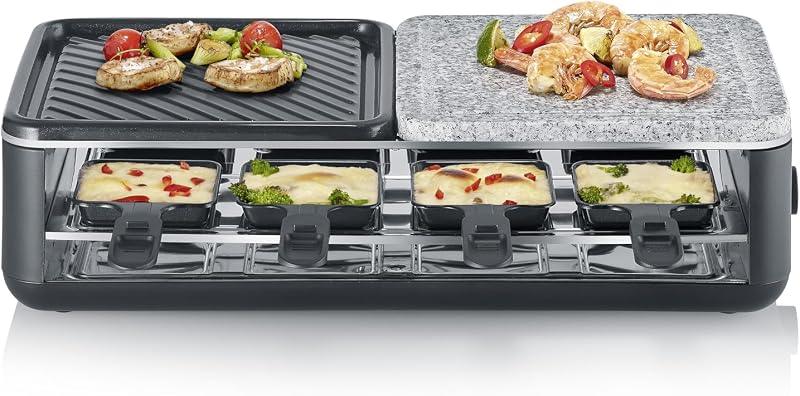 Raclette-Grill für 8 Personen, Naturgrillstein & antihaftbeschichtete-Grillplatte, Tischgrill mit extra tiefen Pfännchen, spülmaschinengeeignet, Black Line, RG 2366