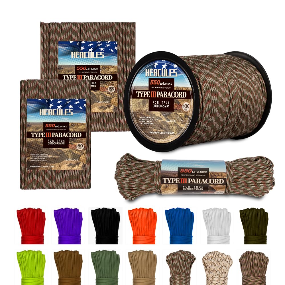 HERCULES 550 Paracord 4mm Type III 7 Strands Parachute Cord, 100' Forest Camo Utility Rope for Crafting, DIY, Camping, Survival, Outdoor