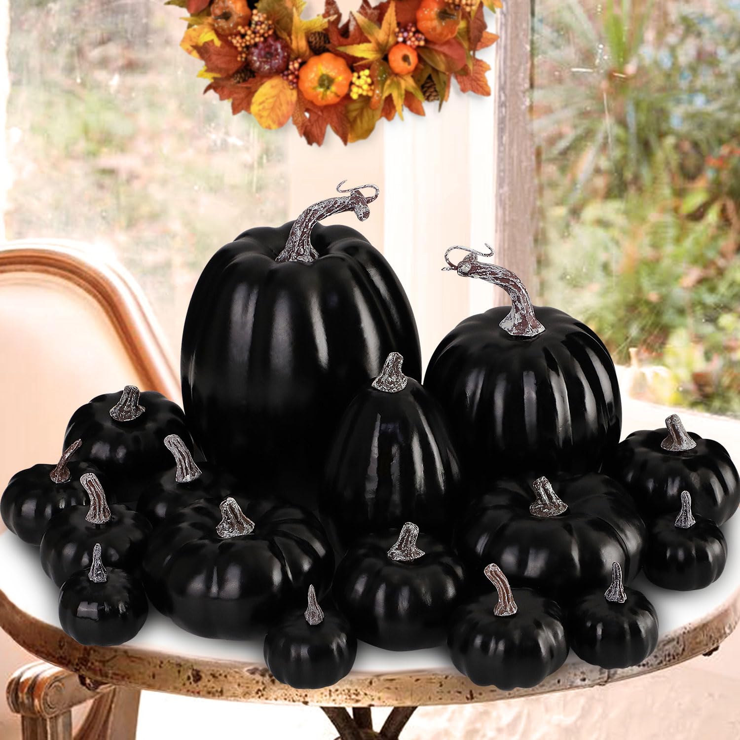 View 1 of Ywlake 16 Pcs Assorted Sizes Artificial Pumpkins, Large Black Fake Pumpkin Fall Decor for Autumn Harvest Thanksgiving Halloween Decoration Faux Pumpkins for Outdoor Decorating