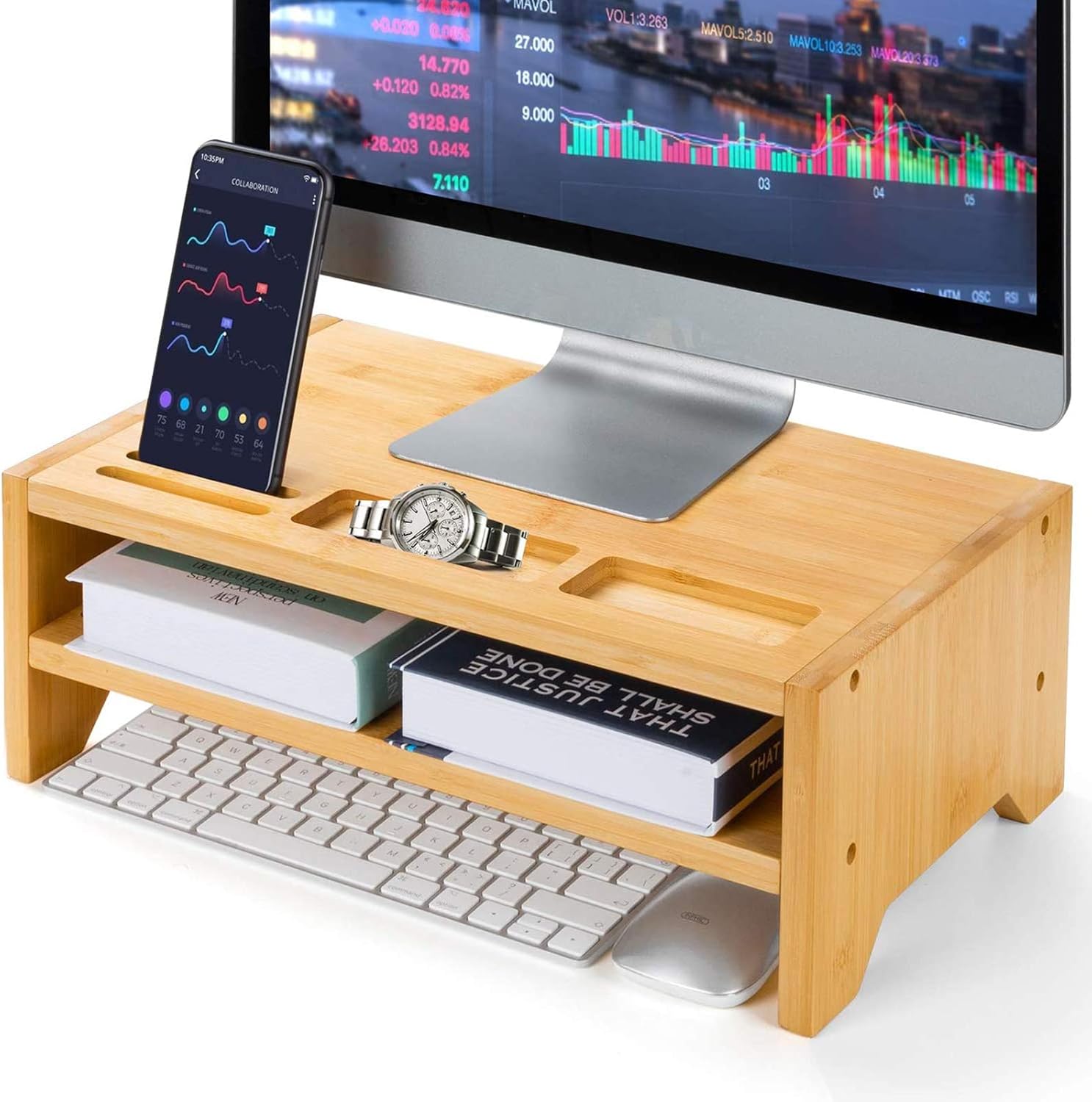 2-Tier Bamboo Desk Monitor Riser Stand - Desk Storage Organizer for Home and Office Computer Desk Laptop Cellphone Printer Stand Desktop Container by AMADA HOMEFURNISHING : Office Products