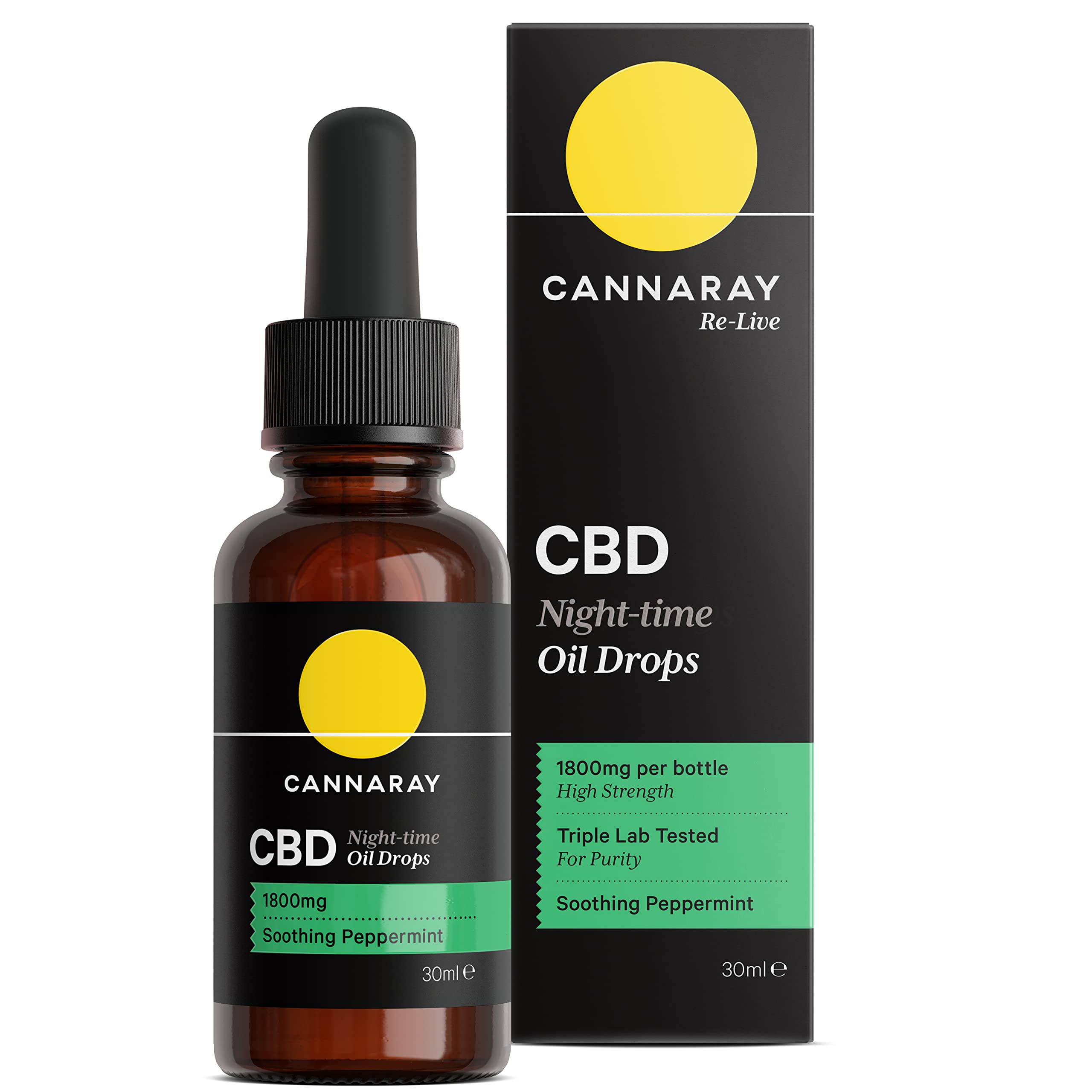 Cannaray CBD Oil Drops for Night-Time, 1800mg, High Strength, Soothing Peppermint | CBD (30ml)