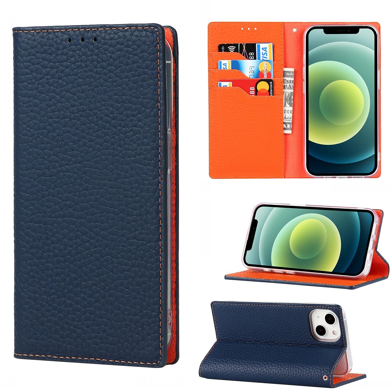 Copmob Case Compatible for iPhone 13 Mini,Premium Genuine Leather Flip Wallet Case,[3 Card Slots][Magnetic Closure][RFID-Blocking],Protective Case Cover for iPhone 13 Mini - Dark Blue