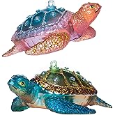 Set of 2 Hanging Sea Turtle Christmas Ornament, Hand Blown Resin Glass Sea Turtle Ornaments for Christmas Tree