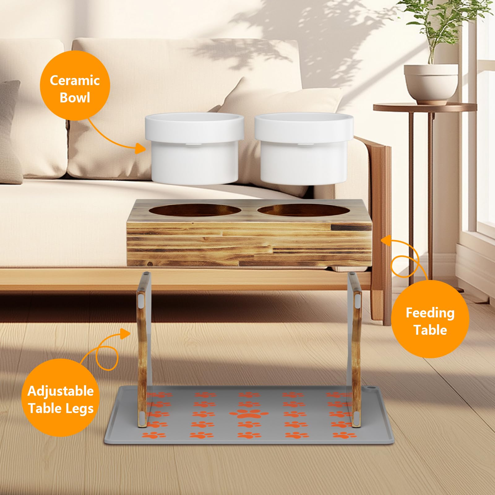 AMENER Elevated Dog Bowls for Medium/Large Dogs with Non-Slip Mat, 3 Height Adjustable Wood Stand Dog Raised Bowl with 2 Ceramic Pet Food Water Bowls(1.5L/50oz*2) (Lightwood)