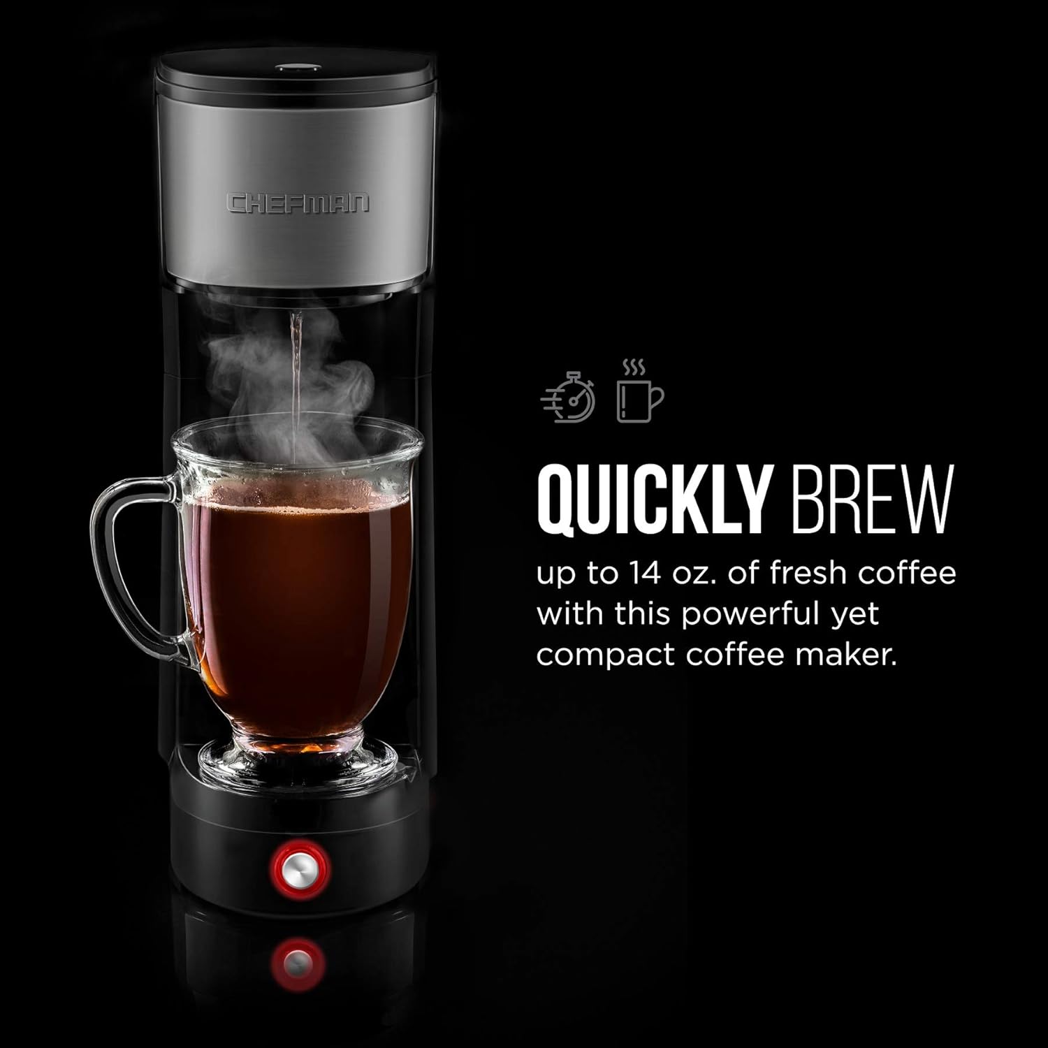 Chefman InstaCoffee Single Serve Coffee Maker Brews in 30 Seconds, Compatible with K-Cup Pods, Grounds and Loose-Leaf Tea w/ Reusable Filter, Compact 14 oz, Black/Stainless Steel, Mug Not Included: Kitchen & Dining