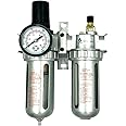 FEENIX Pro Products 22091 Air Filter Regulator & Lubricator Combo 1/2 inch NPT, 5 Micron Element, Poly Bowl - Compressor Air Filter Air Pressure Regulator Water-Oil Separator Trap Filter, Black/Gray