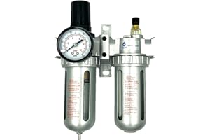 FEENIX Pro Products 22091 Air Filter Regulator & Lubricator Combo 1/2 inch NPT, 5 Micron Element, Poly Bowl - Compressor Air Filter Air Pressure Regulator Water-Oil Separator Trap Filter, Black/Gray