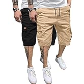 PLEPAN Men's Casual Cargo Shorts Classic Stretch Waist Drawstring Outdoor Work Shorts with 6 Pockets