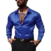 ZSJR Men Metallic Satin Dress Shirt Luxury Jacquard Long Sleeve Casual Button Down Shirts Silk Shirts