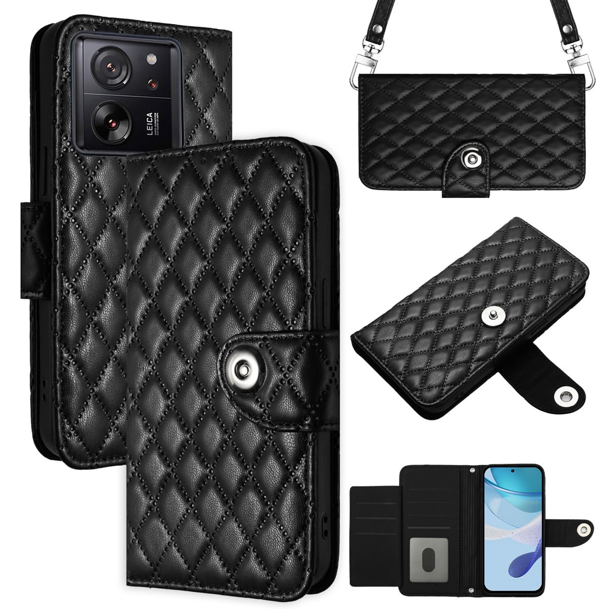 MOJIA Flip Case for Xiaomi 13T / Xiaomi 13T Pro, PU Leather Wallet Case Flip Phone Cover, Card Holder Multifunctional Case with Wrist and Shoulder Strap. Black