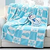 2 Pcs Winter Throw Blanket and Pillow Set, Blue White Plaid Fuzzy Blanket 50 x 60 Inch Snowflake Soft Flannel Throw Snowman Pillow Winter Holiday Warm Gift for Couch Home Room Sofa Decor