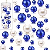 UDU 150 Pcs Vase Filler Floating Beads No Hole Faux Pearls Makeup Beads Mixed Sizes Round Pearls for Centerpieces Vase Home Party Wedding Decor, 8/14/20 mm (White, Blue)