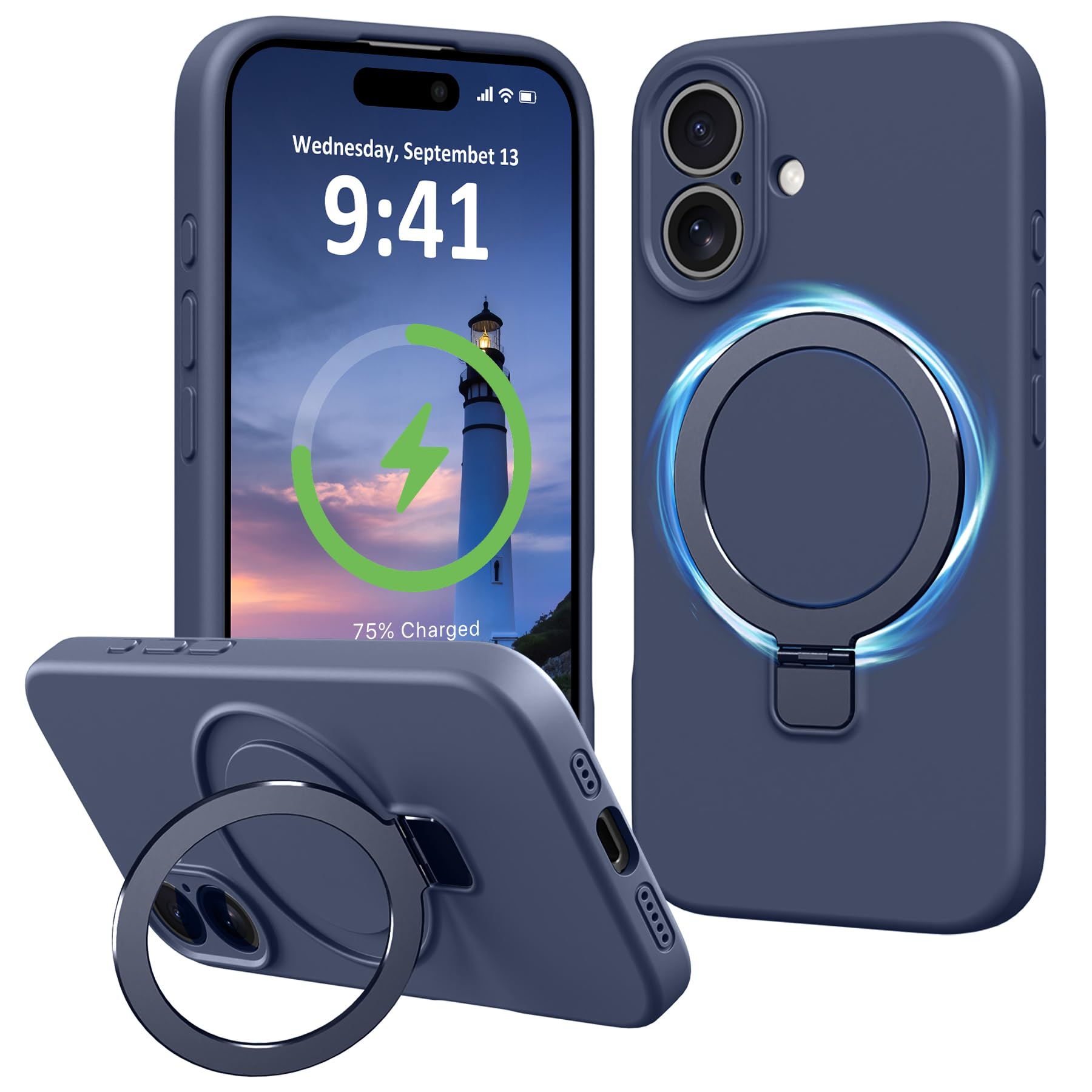 Photo 1 of Vanxiliiy Compatible with iPhone 16 Plus Case Stand, Full Camera Protection Slim Liquid Silicone Phone Cases Fit for iPhone 16 Plus Compatible with MagSafe Magnetic Ring Kickstand Case 6.7", Dark Blue