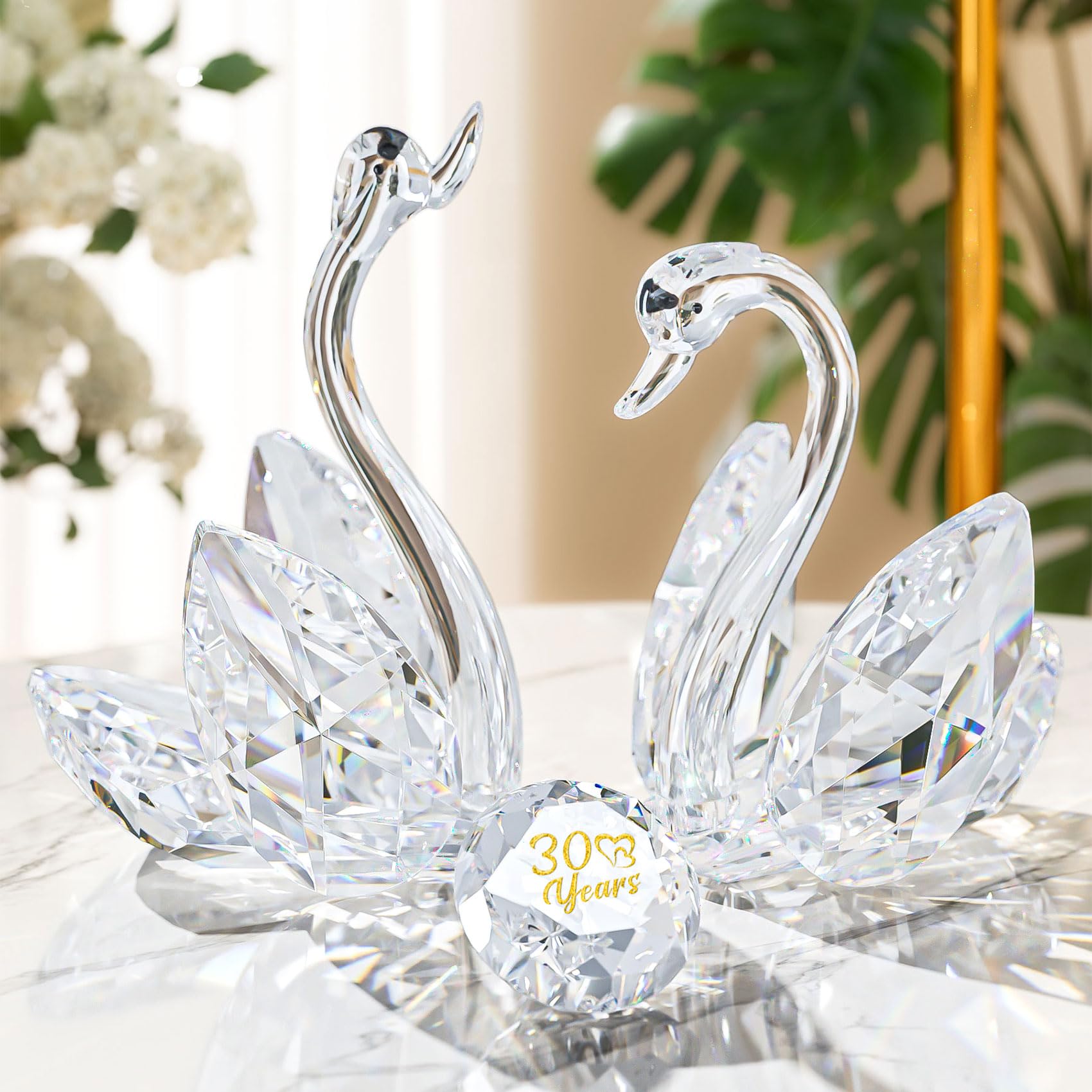 2 Pcs Clear Crystal Swans 30th Wedding Anniversary Romantic Gifts for Couples, Glass Pair Swans Collectible Figurine Ornaments 30 Years Love Anniversary Presents for Wife Women Friends