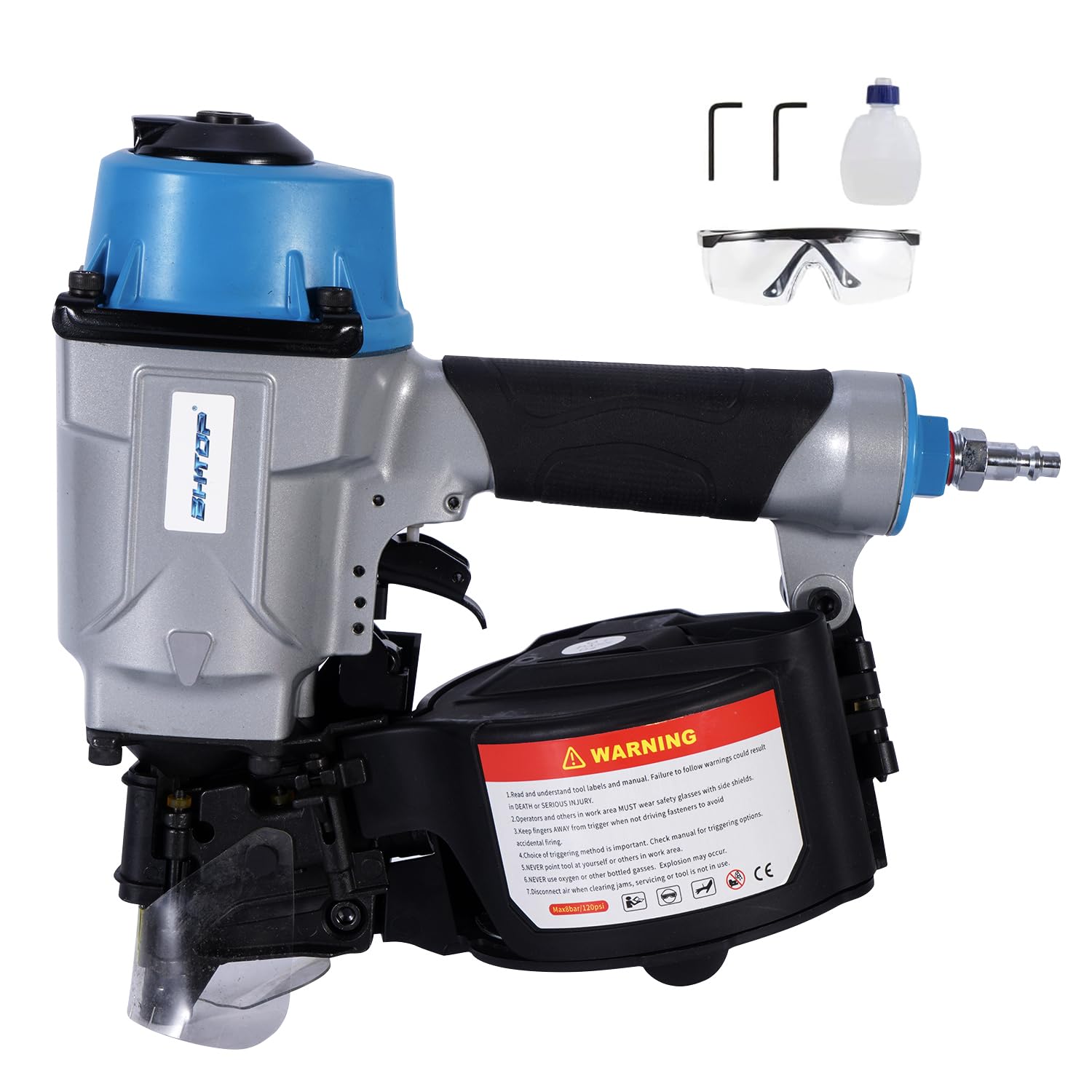 Photo 1 of *** CHECK COMMENTS**** BHTOP CN55N Pneumatic Nail Gun, 15 Degree Professional Coil Nailer, 1 Inch to 2-1/4 inch Coil Pallet Nail Gun, 350-pcs Load Capacity Pallet Nailer Blue
