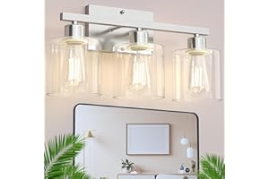 Phaosio Bathroom Vanity Light Fixtures 3-Light Wall Sconce, Brushed Nickel Mirror Light with Clear Glass Shade, Easy Install Bedroom Hallway Lighting, E26 Base